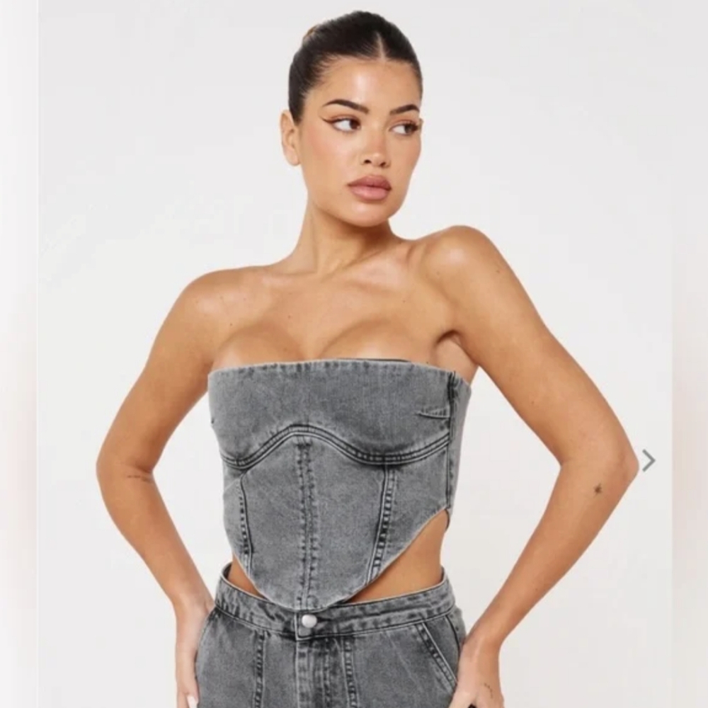 Gray Denim Strapless Crop Top